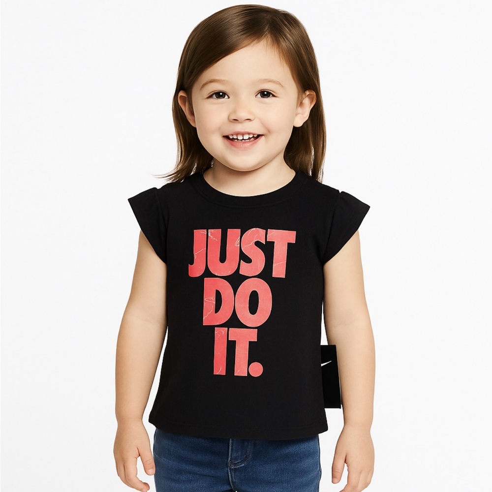 Nike Kids Black Tee with Bold Red Slogan